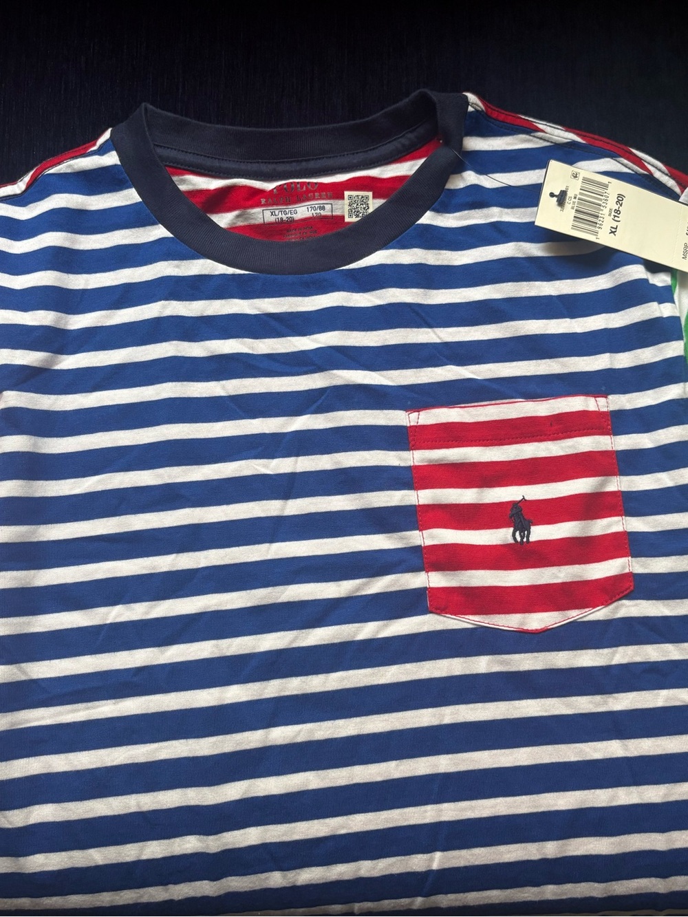 Polo by Ralph Lauren Kids Blue & White Striped Tee with Red Pocket
